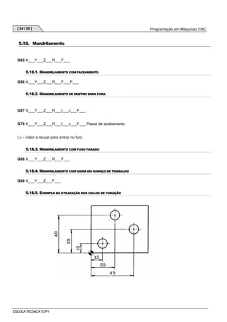 [ 24 / 55 ]

5.18. Mandrilamento

G85 X___Y___Z___R___F___
5.18.1. MANDRILAMENTO COM FACEAMENTO
G86 X___Y___Z___R___F___P___
5.18.2. MANDRILAMENTO DE DENTRO PARA FORA

G87 X___Y___Z___R___I___J___F___

G76 X___Y___Z___R___I___J___F___ Passe de acabamento

I J – Valor a recuar para entrar no furo
5.18.3. MANDRILAMENTO COM FUSO PARADO
G88 X___Y___Z___R___F___
5.18.4. MANDRILAMENTO COM SAÍDA EM AVANÇO DE TRABALHO
G89 X___Y___Z___F___
5.18.5. EXEMPLO DA UTILIZAÇÃO DOS CICLOS DE FURAÇÃO

ESCOLA TECNICA TUPY

Programação em Máquinas CNC

 