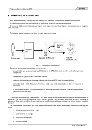 [ 3 / 55 ]

Programação em Máquinas CNC

1. TECNOLOGIA DA MÁQUINA CNC
Para entender melhor o principio de uma máquina cnc, devemos observar dois elementos importantes :
A máquina-ferramenta que usina a peça, na qual requer toda uma preparação adequada.
O comando CNC que controla essa usinagem, onde requer uma estrutura lógica e bem estruturada no programa
CNC elaborado.

Pode-se ver abaixo o sistema completo formado pôr uma empresa:

Fig. 01 – Elementos de um sistema CNC

De acordo com o que é apresentado a cima tem-se:
•

programador que gera os programas CNC através do CADCAM, onde envolve perfis e formas mais
complexas.

•

programa CNC gerado que é transmitido via DNC

•

operador de máquina que prepara a máquina e programas CNC mais simples e rápidos.

•

comando CNC ( ISO, Mitsubichi, Siemens, etc.)
fabricante.

•

A máquina-ferrarmenta é o sistema mecânico, elétrico e eletrônico com suas características próprias
dependendo da aplicação.

que está relacionado ao tipo de máquina e

O técnico que trabalha com uma máquina CNC deve conhecer exatamente as suas funções e possibilidades de
aplicação. Ele não pode simplesmente fixar a peça e testá-la, sem primeiro determinar a melhor maneira de
usinagem. Muito pelo contrário, ele deve planejar a seqüência completa de usinagem, a fim de atingir o resultado
desejado.
Os componentes comandados por uma máquina-ferramenta CNC estão classificados neste tópico da seguinte
forma:
•

eixos de deslocamento (x, y e z);

•

acionamento do avanço;

•

dispositivo de medição;

•

árvore principal;
Rev. 01 - SOCIESC

 