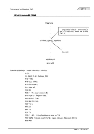 [ 37 / 55 ]

Programação em Máquinas CNC
12.1.3. ESTRUTURA DO WHILE

Programa
.
.
.

Enquanto a variável 1 for menor que
que 300 executar a rotina até a linha
END 10

.
N10 WHILE [ #1 LT 30] DO 10
.
.
.

CondIção

.
N95 END 10
N100 M30

Voltando ao exemplo 1 porem colocando a condição
O 001
N5 G90 G17 G21 G40 G54 G80;
N10 T1M6;
N15 GOO X0 Y0;
N20 G43 Z10 H1;
N25 S500 M3;
N30 M8;
N35 #1 = 1; ( Valor inicial em Z )
N40 IF [#1 GT 300] GOTO 85;
N45 G1 Z-#1 F100;
N50 G42 D1 X100;
N55 Y50 ;
N60 X0;
N65 X0;
N70 Y0;
N75 #1 = #1 + 10; (profundidade de corte em “z”)
N80 GOTO 40; (Volta para linha 40 e repete até que o Z baixe até 30mm)
N85 M30;

Rev. 01 - SOCIESC

 