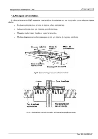 [ 5 / 55 ]

Programação em Máquinas CNC

1.2. Principais características
A máquina-ferramenta CNC apresenta características importantes em sua construção, como algumas destas
abaixo:
•

Deslocamento dos eixos através de fuso de esfera recirculantes.

•

Acionamento dos eixos pôr motor de corrente continua.

•

Magazine ou torre para fixação de varias ferramentas.

•

Medição de posicionamento mais exatas devido um sistema de medição eletrônico.

Fig.04 - Deslocamento por fuso com esfera recirculante

Fig.05 - Deslocamento por fuso com esfera recirculante ( ampliação porca/fuso)

Rev. 01 - SOCIESC

 