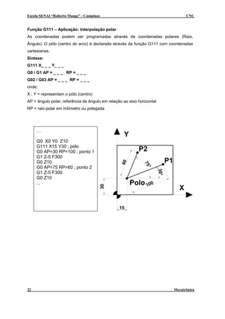Escola SENAI “Roberto Mange” - Campinas CNC
Função G111 – Aplicação: Interpolação polar
As coordenadas podem ser programadas através de coordenadas polares (Raio,
Ângulo). O pólo (centro do arco) é declarado através da função G111 com coordenadas
cartesianas.
Sintaxe:
G111 X_ _ _ Y_ _ _
G0 / G1 AP = _ _ _ RP = _ _ _
G02 / G03 AP = _ _ _ RP = _ _ _
onde:
X ; Y = representam o pólo (centro)
AP = ângulo polar, referência de ângulo em relação ao eixo horizontal
RP = raio polar em milímetro ou polegada
30°
75°
60
15
30
Y
X
P1
P2
Polo 100
…
G0 X0 Y0 Z10
G111 X15 Y30 ; pólo
G0 AP=30 RP=100 ; ponto 1
G1 Z-5 F300
G0 Z10
G0 AP=75 RP=60 ; ponto 2
G1 Z-5 F300
G0 Z10
...
22 Mecatrônica
 