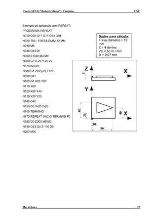 Escola SENAI “Roberto Mange” - Campinas CNC
Exemplo de aplicação com REPEAT:
PROGRAMA REPEAT
Dados para cálculo:
Fresa diâmetro = 12
mm
Z = 4 dentes
VC = 50 m / min
fz = 0,07 mm
N010 G90 G17 G71 G64 G94
N020 T03 ; FRESA DIAM 12 MM
N030 M6
N040 G54 D1
N050 S1330 M3 M8
N060 G0 X-20 Y-20 Z0
X
X
Y
Z
60
20
20
80
40
8
N070 INICIO:
N080 G1 Z=IC(-2) F370
N090 G41
N100 G1 X20 Y20
N110 Y60
N120 X80 Y40
N130 X20 Y20
N140 G40
N150 G0 X-20 Y-20
N160 TERMINO:
N170 REPEAT INICIO TERMINO P3
N180 G0 Z200 M5 M9
N190 G53 G0 Z-110 D0
N200 M30
Mecatrônica 27
 