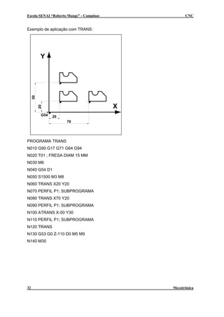 Escola SENAI “Roberto Mange” - Campinas CNC
Exemplo de aplicação com TRANS:
X
Y
G54
20
50
20
70
PROGRAMA TRANS
N010 G90 G17 G71 G64 G94
N020 T01 ; FRESA DIAM 15 MM
N030 M6
N040 G54 D1
N050 S1500 M3 M8
N060 TRANS X20 Y20
N070 PERFIL P1; SUBPROGRAMA
N080 TRANS X70 Y20
N090 PERFIL P1; SUBPROGRAMA
N100 ATRANS X-50 Y30
N110 PERFIL P1; SUBPROGRAMA
N120 TRANS
N130 G53 G0 Z-110 D0 M5 M9
N140 M30
32 Mecatrônica
 