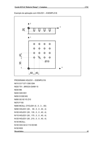 Escola SENAI “Roberto Mange” - Campinas CNC
Exemplo de aplicação com HOLES1 – EXEMPLO B:
X
Y
X
Z
4050
95
Ø10
30
40
PROGRAMA HOLES1 – EXEMPLO B:
N010 G17 G71 G90 G94
N020 T01 ; BROCA DIAM 10
N030 M6
N040 G55 D01
N050 S1000 M3
N060 G0 X0 Y0 Z10
N070 F100
N080 MCALL CYCLE81 (5 , 0 , 3 , -30)
N090 HOLES1 (50 , 95 , 0 , 0 , 40 , 4)
N100 HOLES1 (50 , 135 , 0 , 0 , 40 , 4)
N110 HOLES1 (50 , 175 , 0 , 0 , 40 , 4)
N120 HOLES1 (50 , 215 , 0 , 0 , 40 , 4)
N130 MCALL
N140 G53 G0 Z-110 D0 M5
N150 M30
Mecatrônica 43
 