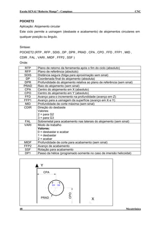 Escola SENAI “Roberto Mange” - Campinas CNC
POCKET2
Aplicação: Alojamento circular
Este ciclo permite a usinagem (desbaste e acabamento) de alojamentos circulares em
qualquer posição ou ângulo.
Sintaxe:
POCKET2 (RTP , RFP , SDIS , DP , DPR , PRAD , CPA , CPO , FFD , FFP1 , MID ,
CDIR , FAL , VARI , MIDF , FFP2 , SSF )
Onde:
RTP Plano de retorno da ferramenta após o fim do ciclo (absoluto)
RFP Plano de referência (absoluto)
SDIS Distância segura (folga para aproximação sem sinal)
DP Coordenada final do alojamento (absoluta)
DPR Profundidade do alojamento relativa ao plano de referência (sem sinal)
PRAD Raio do alojamento (sem sinal)
CPA Centro do alojamento em X (absoluto)
CPO Centro do alojamento em Y (absoluto)
FFD Avanço para o incremento na profundidade (avanço em Z)
FFP1 Avanço para a usinagem da superfície (avanço em X e Y)
MID Profundidade de corte máxima (sem sinal)
CDIR Direção do desbaste
Valores:
2 = para G2
3 = para G3
FAL Sobremetal para acabamento nas laterais do alojamento (sem sinal)
VARI Modo de trabalho
Valores:
0 = desbastar e acabar
1 = desbastar
2 = acabar
MIDF Profundidade de corte para acabamento (sem sinal)
FFP2 Avanço de acabamento
SSF Rotação para acabamento
DP1 Passo da hélice (programado somente no caso de imersão helicoidal)
48 Mecatrônica
G2
X
Y
G3
CPA
CPO
PRAD
 