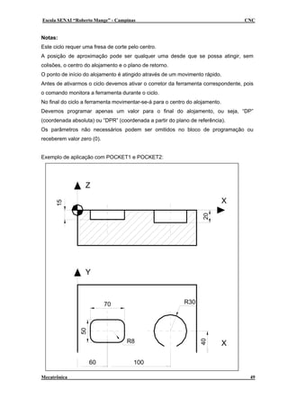 Escola SENAI “Roberto Mange” - Campinas CNC
Notas:
Este ciclo requer uma fresa de corte pelo centro.
A posição de aproximação pode ser qualquer uma desde que se possa atingir, sem
colisões, o centro do alojamento e o plano de retorno.
O ponto de início do alojamento é atingido através de um movimento rápido.
Antes de ativarmos o ciclo devemos ativar o corretor da ferramenta correspondente, pois
o comando monitora a ferramenta durante o ciclo.
No final do ciclo a ferramenta movimentar-se-á para o centro do alojamento.
Devemos programar apenas um valor para o final do alojamento, ou seja, “DP”
(coordenada absoluta) ou “DPR” (coordenada a partir do plano de referência).
Os parâmetros não necessários podem ser omitidos no bloco de programação ou
receberem valor zero (0).
Exemplo de aplicação com POCKET1 e POCKET2:
Mecatrônica 49
Z
X
Y
X
R30
4020
R8
10060
70
50
15
 