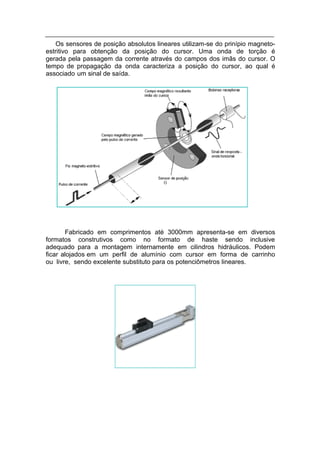 Os sensores de posição absolutos lineares utilizam-se do prinípio magneto-
estritivo para obtenção da posição do cursor. Uma onda de torção é
gerada pela passagem da corrente através do campos dos imãs do cursor. O
tempo de propagação da onda caracteriza a posição do cursor, ao qual é
associado um sinal de saída.




       Fabricado em comprimentos até 3000mm apresenta-se em diversos
formatos construtivos como no formato de haste sendo inclusive
adequado para a montagem internamente em cilindros hidráulicos. Podem
ficar alojados em um perfil de alumínio com cursor em forma de carrinho
ou livre, sendo excelente substituto para os potenciômetros lineares.
 