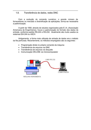 1.8.      Transferência de dados, redes DNC

      Com a evolução do comando numérico, o grande número de
fornecedores no mercado e diversificação de aplicações, tornou-se necessária
a padronização.

      A partir de 1958, através de estudos organizados pela E.I.A. (Associação
Americana de Engenheiros), houve a padronização do formato dos dados de
entrada, conforme padrão RS-244 e RS-232. Atualmente são muito usados os
sistemas EIA 244 ou ASCII.

        Antigamente, a forma mais utilizada de entrada de dados era o método
da fita perfurada. Recentemente, os métodos empregados são os seguintes :

      •   Programação direta no próprio comando da máquina
      •   Transferência de arquivos via DNC
      •   Transferência de arquivos via disquete
      •   Comunicação ON-LINE via microcomputador
 