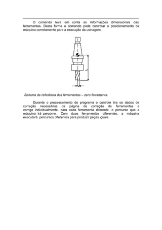 O comando leva em conta as informações dimensionais das
ferramentas. Desta forma o comando pode controlar o posicionamento da
máquina corretamente para a execução da usinagem.




Sistema de referência das ferramentas – zero ferramenta.

       Durante o processamento do programa o controle tira os dados de
correção necessários da página de correção de ferramentas e
corrige individualmente, para cada ferramenta diferente, o percurso que a
máquina irá percorrer. Com duas ferramentas diferentes, a máquina
executará percursos diferentes para produzir peças iguais.
 
