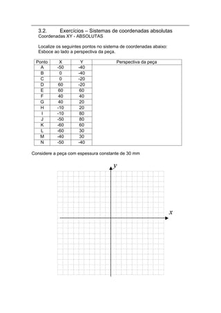 3.2.      Exercícios – Sistemas de coordenadas absolutas
   Coordenadas XY - ABSOLUTAS

   Localize os seguintes pontos no sistema de coordenadas abaixo:
   Esboce ao lado a perspectiva da peça.

  Ponto      X         Y                Perspectiva da peça
    A       -50       -40
    B         0       -40
    C         0       -20
    D        60       -20
    E        60        60
    F        40        40
    G        40        20
    H       -10        20
    I       -10        80
    J       -50        80
    K       -60        60
    L       -60        30
    M       -40        30
    N       -50       -40

Considere a peça com espessura constante de 30 mm
 