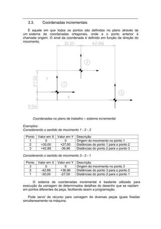 3.3.     Coordenadas incrementais
   É aquele em que todos os pontos são definidos no plano através de
um sistema de coordenadas ortogonais, onde a o ponto anterior é
chamada origem. O sinal da coordenada é definido em função da direção do
movimento.




      Coordenadas no plano de trabalho – sistema incremental.

Exemplos:
Considerando o sentido de movimento 1 - 2 - 3

 Ponto    Valor em X   Valor em Y   Descrição
   1           0            0       Origem do movimento no ponto 1
   2       +30,00       +27,00      Distâncias do ponto 1 para o ponto 2
   3       +42,88        -36,96     Distâncias do ponto 2 para o ponto 3

Considerando o sentido de movimento 3 - 2 - 1

 Ponto    Valor em X   Valor em Y   Descrição
   3           0            0       Origem do movimento no ponto 3
   2        -42,88      +36,96      Distâncias do ponto 3 para o ponto 2
   1        -30,00       -27,00     Distâncias do ponto 2 para o ponto 1

      O sistema de coordenadas incremental é bastante utilizado para
execução da usinagem de determinados detalhes do desenho que se repitam
em pontos diferentes da peça, facilitando assim a programação.

   Pode servir de recurso para usinagem de diversas peças iguais fixadas
simultaneamente na máquina.
 