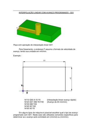 INTERPOLAÇÃO LINEAR COM AVANÇO PROGRAMADO - G01




Peça com operação de interpolação linear G01

      Para fresamento, o endereço F assume o formato de velocidade de
avanço, tendo sua unidade em mm/min.

Exemplo :




            N110 G00 X-10 Y0          (Interpolação linear avanço rápido)
            N120 G01 X80 Y0 F40       (Avanço de 40 mm/min)
            N130 X80 Y45
            N140 X0 Y45
            N150 X0 Y0

      Em alguns tipos de máquina é possível escolher qual o tipo de avanço
programado com G01. Neste caso são utilizados comandos específicos para
determinar se o avanço será controlado em (mm/rot) ou (mm/min).
 