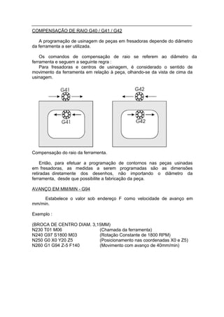 COMPENSAÇÃO DE RAIO G40 / G41 / G42

   A programação de usinagem de peças em fresadoras depende do diâmetro
da ferramenta a ser utilizada.

    Os comandos de compensação de raio se referem ao diâmetro da
ferramenta e seguem a seguinte regra :
    Para fresadoras e centros de usinagem, é considerado o sentido de
movimento da ferramenta em relação à peça, olhando-se da vista de cima da
usinagem.




Compensação do raio da ferramenta.

    Então, para efetuar a programação de contornos nas peças usinadas
em fresadoras, as medidas a serem programadas são as dimensões
retiradas diretamente dos desenhos, não importando o diâmetro da
ferramenta, desde que possibilite a fabricação da peça.

AVANÇO EM MM/MIN - G94

     Estabelece o valor sob endereço F como velocidade de avanço em
mm/min.

Exemplo :

(BROCA DE CENTRO DIAM. 3,15MM)
N230 T01 M06              (Chamada da ferramenta)
N240 G97 S1800 M03        (Rotação Constante de 1800 RPM)
N250 G0 X0 Y20 Z5         (Posicionamento nas coordenadas X0 e Z5)
N260 G1 G94 Z-5 F140      (Movimento com avanço de 40mm/min)
 