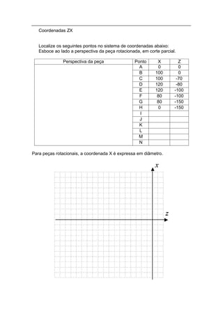 Coordenadas ZX


   Localize os seguintes pontos no sistema de coordenadas abaixo:
   Esboce ao lado a perspectiva da peça rotacionada, em corte parcial.

              Perspectiva da peça                Ponto       X         Z
                                                   A          0        0
                                                   B        100        0
                                                   C        100       -70
                                                   D        120       -80
                                                   E        120      -100
                                                   F         80      -100
                                                   G         80      -150
                                                   H          0      -150
                                                   I
                                                   J
                                                   K
                                                   L
                                                   M
                                                   N

Para peças rotacionais, a coordenada X é expressa em diâmetro.
 