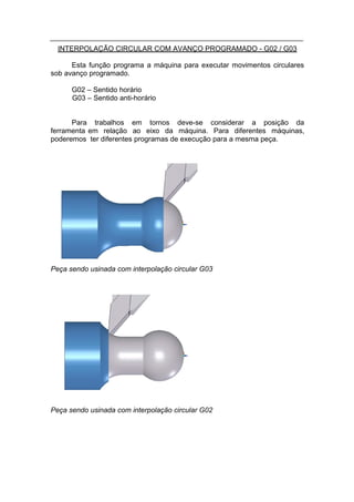 INTERPOLAÇÃO CIRCULAR COM AVANÇO PROGRAMADO - G02 / G03

      Esta função programa a máquina para executar movimentos circulares
sob avanço programado.

      G02 – Sentido horário
      G03 – Sentido anti-horário


      Para trabalhos em tornos deve-se considerar a posição da
ferramenta em relação ao eixo da máquina. Para diferentes máquinas,
poderemos ter diferentes programas de execução para a mesma peça.




Peça sendo usinada com interpolação circular G03




Peça sendo usinada com interpolação circular G02
 