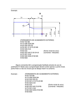 Exemplo:




            (FERRAMENTA DE ACABAMENTO EXTERNO)
            N100 T04 M6
            N110 G96 S240 M4
            N120 G00 X20 Z5
            N130 G01 Z-16 F0.25 M8
            N140 X26 Z-24
            N150 X33                 (Ponto inicial do arco)
            N160 G03 X45 Z-30 I0 K-6 (Comando interpolar)
            N170 G01 Z-54
            N180 G00 X250 Z150 M9
            N190 M30



       Alguns comandos têm a programação facilitada através do uso do
parâmetro R. Neste caso a programação deverá conter apenas o ponto inicial,
ponto final e o raio do círculo que se deseja inserir no contorno.


Exemplo :          (FERRAMENTA DE ACABAMENTO EXTERNO)
                   N100 T04 M6
                   N110 G96 S240 M4
                   N120 G00 X20 Z5
                   N130 G01 Z-16 F0.25 M8
                   N140 X26 Z-24
                   N150 X33               (Ponto inicial do arco)
                   N160 G03 X45 Z-30 R6   (Comando interpolar)
                   N170 G01 Z-54
                   N180 G00 X250 Z150 M9
                   N190 M30
 