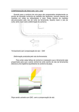 COMPENSAÇÃO DE RAIO G40 / G41 / G42

   Quando para o contorno de uma peça são programados simplesmente os
pontos de transição conforme as medidas dos desenhos, ocorrem desvios de
medidas em todas as obliquidades e raios. Estes desvios de medidas
são provocados pelo raio de corte da ferramenta. Quanto maior o raio de
corte, tanto maior será a deformação do contorno.




Torneamento sem compensação de raio – G40


   Deformação produzida pelo raio da ferramenta.

      Para evitar estas falhas de contorno é necessário que a ferramenta seja
programada para que o ponto central de corte (centro do raio da ferramenta)
descreva uma trajetória equidistante do contorno da peça.




Peça sendo usinada com G40 - sem a compensação de raio
 