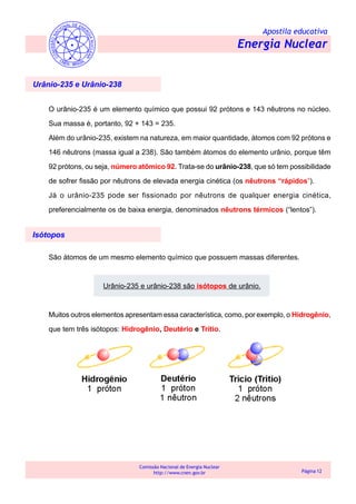 Apostila educativa
Energia Nuclear
Comissão Nacional de Energia Nuclear
http://www.cnen.gov.br Página 12
Urânio-235 e Urânio-238
O urânio-235 é um elemento químico que possui 92 prótons e 143 nêutrons no núcleo.
Sua massa é, portanto, 92 + 143 = 235.
Além do urânio-235, existem na natureza, em maior quantidade, átomos com 92 prótons e
146 nêutrons (massa igual a 238). São também átomos do elemento urânio, porque têm
92 prótons, ou seja, número atômico 92. Trata-se do urânio-238, que só tem possibilidade
de sofrer fissão por nêutrons de elevada energia cinética (os nêutrons “rápidos”).
Já o urânio-235 pode ser fissionado por nêutrons de qualquer energia cinética,
preferencialmente os de baixa energia, denominados nêutrons térmicos (“lentos”).
Isótopos
São átomos de um mesmo elemento químico que possuem massas diferentes.
Urânio-235 e urânio-238 são isótopos de urânio.
Muitos outros elementos apresentam essa característica, como, por exemplo, o Hidrogênio,
que tem três isótopos: Hidrogênio, Deutério e Trítio.
 