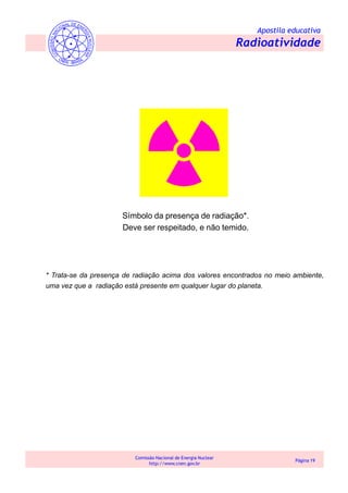 Apostila educativa
Radioatividade
Comissão Nacional de Energia Nuclear
http://www.cnen.gov.br
Página 19
Símbolo da presença de radiação*.
Deve ser respeitado, e não temido.
* Trata-se da presença de radiação acima dos valores encontrados no meio ambiente,
uma vez que a radiação está presente em qualquer lugar do planeta.
 