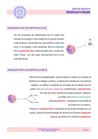 Apostila educativa
Radioatividade
Comissão Nacional de Energia Nuclear
http://www.cnen.gov.br
Página 6
RADIAÇÃO ALFA OU PARTÍCULA ALFA
Um dos processos de estabilização de um núcleo com
excesso de energia é o da emissão de um grupo de partí-
culas positivas, constituídas por dois prótons e dois nêu-
trons, e da energia a elas associada. São as radiações
alfa ou partículas alfa, núcleos de hélio (He), um gás cha-
mado “nobre” por não reagir quimicamente com os de-
mais elementos.
Outra forma de estabilização, quando existe no núcleo um excesso de
nêutrons em relação a prótons, é através da emissão de uma partícula
negativa, um elétron, resultante da conversão de um nêutron em um
próton. É a partícula beta negativa ou, simplesmente, partícula beta.
No caso de existir excesso de cargas positivas (prótons),
é emitida uma partícula beta positiva,
chamada pósitron, resultante da conversão de
um próton em um nêutron.
Portanto, a radiação beta é constituída de partículas emitidas por um
núcleo, quando da transformação de nêutrons em prótons (partículas
beta) ou de prótons em nêutrons (pósitrons).
RADIAÇÃO BETA OU PARTÍCULA BETA
 