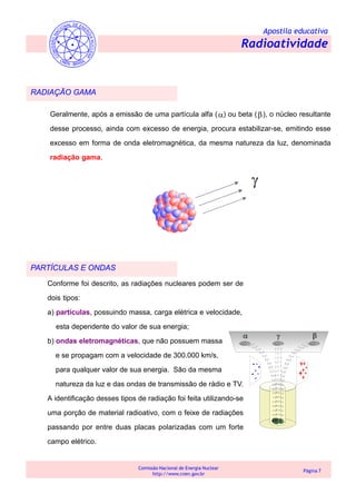 Apostila educativa
Radioatividade
Comissão Nacional de Energia Nuclear
http://www.cnen.gov.br
Página 7
Geralmente, após a emissão de uma partícula alfa ( ) ou beta ( ), o núcleo resultante
desse processo, ainda com excesso de energia, procura estabilizar-se, emitindo esse
excesso em forma de onda eletromagnética, da mesma natureza da luz, denominada
radiação gama.
RADIAÇÃO GAMA
PARTÍCULAS E ONDAS
Conforme foi descrito, as radiações nucleares podem ser de
dois tipos:
a) partículas, possuindo massa, carga elétrica e velocidade,
esta dependente do valor de sua energia;
b) ondas eletromagnéticas, que não possuem massa
e se propagam com a velocidade de 300.000 km/s,
para qualquer valor de sua energia. São da mesma
natureza da luz e das ondas de transmissão de rádio e TV.
A identificação desses tipos de radiação foi feita utilizando-se
uma porção de material radioativo, com o feixe de radiações
passando por entre duas placas polarizadas com um forte
campo elétrico.
 