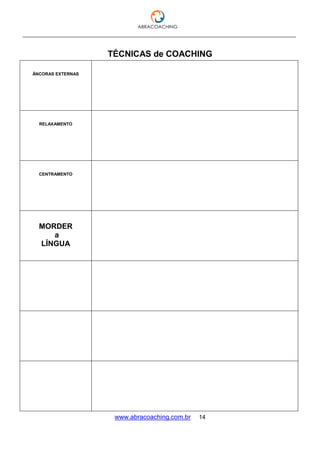 ___________________________________________________________________________________
www.abracoaching.com.br 14
TÉCNICAS de COACHING
ÂNCORAS EXTERNAS
RELAXAMENTO
CENTRAMENTO
MORDER
a
LÍNGUA
 