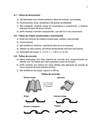 6.7 – Telhas de fibrocimento
a) são fabricadas com cimento portland e fibras de amianto, sob pressão;
b) incombustíveis, leves, resistentes e de grande durabilidade;
c) fácil instalação, existindo peças de concordância e acabamento, e exigindo
estrutura de apoio de pouco volume;
d) perfis variados e também autoportantes, com até 9,0 m de comprimento.
6.8 – Telhas de chapas compensadas e aluminizadas
a) feitas com lâminas de madeira compensada, coladas a alta pressão;
b) incombustíveis;
c) alta resistência mecânica, suportando peso de cinco pessoas;
d) refletem os raios solares, permitindo temperaturas interiores mais baixas;
e) dimensões das peças: C = 2,2 m, L = 1,00 m, e = 6 mm.
6.9 – Telhas de concreto
a) telhas produzidas com traço especial de concreto leve, proporcionando um
telhado com 10,5 telhas por metro quadrado e peso de 50 kg/m2
;
b) perfis variados com textura em cores obtidas pela aplicação de camada de
verniz especial de base polímero acrílica;
c) alta resistência das peças, superior a 300 kg.
Romana dupla
Telhas de concreto
japonesa
Grega
Q = 10,5 ud/m2
30% < d < 90%
p = 50 kg/m2
Romana antiga
Romana conjugada Tropical
11
 