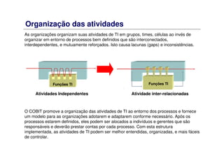 Organização das atividades
As organizações organizam suas atividades de TI em grupos, times, células ao invés de
organizar em entorno de processos bem definidos que são interconectados,
interdependentes, e mutuamente reforçados. Isto causa lacunas (gaps) e inconsistências.
O COBIT promove a organização das atividades de TI ao entorno dos processos e fornece
um modelo para as organizações adotarem e adaptarem conforme necessário. Após os
processos estarem definidos, eles podem ser alocados a indivíduos e gerentes que são
responsáveis e deverão prestar contas por cada processo. Com esta estrutura
implementada, as atividades de TI podem ser melhor entendidas, organizadas, e mais fáceis
de controlar.
Atividades Independentes Atividade inter-relacionadas
Funções TI Funções TI
 
