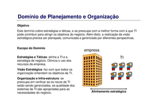 Domínio de Planejamento e Organização
Objetivo
Este domínio cobre estratégias e táticas, e se preocupa com a melhor forma com a que TI
pode contribuir para atingir os objetivos do negócio. Além disto, a realização da visão
estratégica precisa ser planejada, comunicada e gerenciada por diferentes perspectivas.
Alinhamento estratégico
empresa
TI
Escopo do Domínio
Estratégias e Táticas: alinha a TI e a
estratégia de negócio. Otimiza o uso dos
recursos da empresa.
Visão Estratégica: faz com que todos na
organização entendam os objetivos da TI.
Organização e Infra-estrutura: se
preocupa em verificar se os riscos de TI
estão sendo gerenciados, se qualidade dos
sistemas de TI são apropriadas para as
necessidades do negócio.
 