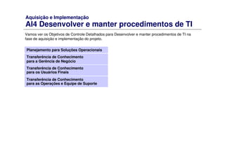 Aquisição e Implementação
AI4 Desenvolver e manter procedimentos de TI
Vamos ver os Objetivos de Controle Detalhados para Desenvolver e manter procedimentos de TI na
fase de aquisição e implementação do projeto.
Planejamento para Soluções Operacionais
Transferência de Conhecimento
para a Gerência de Negócio
Transferência de Conhecimento
para os Usuários Finais
Transferência de Conhecimento
para as Operações e Equipe de Suporte
 