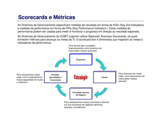 Scorecards e Métricas
As Diretrizes de Gerenciamento especificam medidas de resultado em forma de KGIs (Key Gol Indicadors)
e medidas de performance em forma de KPIs (Key Performance Indicators ). Estas medidas de
performance podem ser usadas para medir e monitorar o progresso em direção ao resultado esperado.
As Diretrizes de Gerenciamento do COBIT sugerem utilizar Balanced Business Scorecards, os quais
fornecem métricas para alcançar as metas de TI. O scorecard tem 4 dimensões que mapeiam as metas e
indicadores de performance:
Para sermos bem sucedidos
financeiramente como devemos ser
vistos pelos nossos acionistas
Para alcançarmos nossa
visão, como deveríamos ser
vistos pelos nossos
clientes?
Para satisfazermos nossos acionistas e clientes,
em que processos de negócios devemos
alcançar a excelência?
Para alcançarmos nossa
visão, como sustentaremos
nossa capacidade de mudar
e melhorar?
 