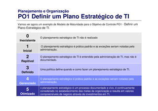 Planejamento e Organização
PO1 Definir um Plano Estratégico de TI
Vamos ver agora um exemplo de Modelo de Maturidade para o Objetivo de Controle PO1 - Definir um
Plano Estratégico de TI.
o planejamento estratégico é um processo documentado e vivo, é continuamente
considerado no estabelecimento das metas da organização e resulta em valores
compreensíveis de negócio através de investimentos em TI.
5
Otimizado
O planejamento estratégico é prática padrão e as exceções seriam notadas pela
administração.
4
Gerenciado
Uma política define quando e como fazer um planejamento estratégico de TI.3
Definido
O planejamento estratégico de TI é entendido pela administração de TI, mas não é
documentado.
2
Repítivel
O planejamento estratégico é prática padrão e as exceções seriam notadas pela
administração.
1
Inicial
O planejamento estratégico de TI não é realizado0
Inexistente
 