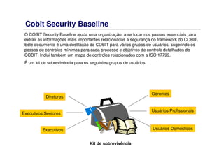 Cobit Security Baseline
O COBIT Security Baseline ajuda uma organização a se focar nos passos essenciais para
extrair as informações mais importantes relacionadas a segurança do framework do COBIT.
Este documento é uma destilação do COBIT para vários grupos de usuários, sugerindo os
passos de controles mínimos para cada processo e objetivos de controle detalhados do
COBIT. Inclui também um mapa de controles relacionados com a ISO 17799.
É um kit de sobrevivência para os seguintes grupos de usuários:
Kit de sobrevivência
Gerentes
Usuários Profissionais
Usuários Domésticos
Diretores
Executivos Seniores
Executivos
 