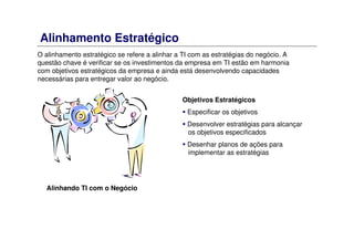Alinhamento Estratégico
O alinhamento estratégico se refere a alinhar a TI com as estratégias do negócio. A
questão chave é verificar se os investimentos da empresa em TI estão em harmonia
com objetivos estratégicos da empresa e ainda está desenvolvendo capacidades
necessárias para entregar valor ao negócio.
Objetivos Estratégicos
Especificar os objetivos
Desenvolver estratégias para alcançar
os objetivos especificados
Desenhar planos de ações para
implementar as estratégias
Alinhando TI com o Negócio
 