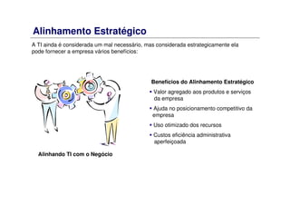 Alinhamento Estratégico
A TI ainda é considerada um mal necessário, mas considerada estrategicamente ela
pode fornecer a empresa vários benefícios:
Benefícios do Alinhamento Estratégico
Valor agregado aos produtos e serviços
da empresa
Ajuda no posicionamento competitivo da
empresa
Uso otimizado dos recursos
Custos eficiência administrativa
aperfeiçoada
Alinhando TI com o Negócio
 
