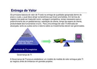Entrega de Valor
Os princípios básicos do valor de TI está na entrega de qualidade apropriada dentro do
prazo e custo, a qual deve atingir os benefícios que foram prometidos. Em termos de
negócio isto pode ser traduzido como: vantagem competitiva, tempo necessário para o
preenchimento de um pedido/serviço, satisfação do cliente, tempo de espera do cliente,
produtividade dos funcionários e lucro. Para uma entrega de valor TI efetivada ser
alcançada, tanto os custos como o retorno sobre os investimentos devem ser gerenciados.
A Governança de TI procura estabelecer um modelo de medida de valor entregue pela TI
ao negócio antes de embarcar em grandes projetos.
Governança de TI
Gerência de TI e negócios
Gerência Executiva
(CEO, CIO, CFO...)
Conselho
Administrativo
 