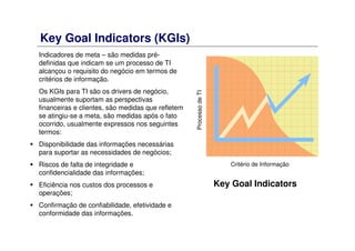 Key Goal Indicators (KGIs)
Indicadores de meta – são medidas pré-
definidas que indicam se um processo de TI
alcançou o requisito do negócio em termos de
critérios de informação.
Os KGIs para TI são os drivers de negócio,
usualmente suportam as perspectivas
financeiras e clientes, são medidas que refletem
se atingiu-se a meta, são medidas após o fato
ocorrido, usualmente expressos nos seguintes
termos:
Disponibilidade das informações necessárias
para suportar as necessidades de negócios;
Riscos de falta de integridade e
confidencialidade das informações;
Eficiência nos custos dos processos e
operações;
Confirmação de confiabilidade, efetividade e
conformidade das informações.
ProcessodeTI
Critério de Informação
Key Goal Indicators
 