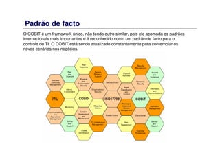 Padrão de facto
O COBIT é um framework único, não tendo outro similar, pois ele acomoda os padrões
internacionais mais importantes e é reconhecido como um padrão de facto para o
controle de TI. O COBIT está sendo atualizado constantemente para contemplar os
novos cenários nos negócios.
 