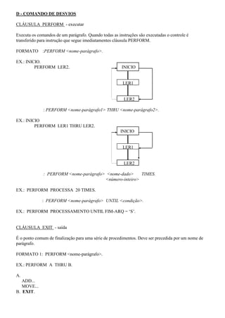 D - COMANDO DE DESVIOS
CLÁUSULA PERFORM - executar
Executa os comandos de um parágrafo. Quando todas as instruções são executadas o controle é
transferido para instrução que segue imediatamentes cláusula PERFORM.
FORMATO :PERFORM <nome-parágrafo>.
EX.: INICIO.
PERFORM LER2. INICIO
LER1
LER2
: PERFORM <nome-parágrafo1> THRU <nome-parágrafo2>.
EX.: INICIO
PERFORM LER1 THRU LER2.
INICIO
LER1
LER2
: PERFORM <nome-parágrafo> <nome-dado> TIMES.
<número-inteiro>
EX.: PERFORM PROCESSA 20 TIMES.
: PERFORM <nome-parágrafo> UNTIL <condição>.
EX.: PERFORM PROCESSAMENTO UNTIL FIM-ARQ = ‘S’.
CLÁUSULA EXIT - saída
É o ponto comum de finalização para uma série de procedimentos. Deve ser precedida por um nome de
parágrafo.
FORMATO 1: PERFORM <nome-parágrafo>.
EX.: PERFORM A THRU B.
A.
ADD...
MOVE...
B. EXIT.
 