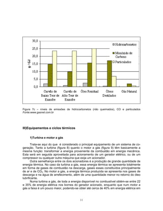 11
Figura 7c – níveis de emissões de hidrocarbonetos (não queimados), CO e particulados
Fonte:www.gasnet.com.br
III)Equipamentos e ciclos térmicos
1)Turbina e motor a gás
Trata-se aqui do que é considerado o principal equipamento de um sistema de co-
geração. Tanto a turbina (figura 8) quanto o motor a gás (figura 9) têm basicamente a
mesma função: transformar a energia proveniente da combustão em energia mecânica.
Esta será em seguida aproveitada para acionamento de um gerador elétrico, ou de um
compressor ou qualquer outra máquina que exija um acionador.
Outra semelhança entre os dois acionadores é a produção de grande quantidade de
energia térmica. No caso da turbina a gás, essa energia térmica se apresenta totalmente
em forma de gases de combustão na descarga, gases esses constituídos principalmente
de ar e de CO2. No motor a gás, a energia térmica produzida se apresenta nos gases de
descarga e na água de arrefecimento, além de uma quantidade menor no retorno do óleo
lubrificante.
Numa turbina a gás, de toda a energia disponível no combustível obtém-se entre 22
e 35% de energia elétrica nos bornes do gerador acionado, enquanto que num motor a
gás a faixa é um pouco maior, podendo-se obter até cerca de 40% em energia elétrica em
 