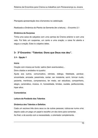 Roteiros de Encontros para Crisma ou trabalhos com Perseverança ou Jovens
15
Planejada apresentação dos crismandos na celebração.
Realizada a Dinâmica do Plantio da Semente (ler a leitura). – Encontro 2.1
Dinâmica da Surpresa
Tinha uma caixa de calçados com uma camisa da Crisma anterior e com uma
vela. Foi feito um suspense, um canto e uma oração; a caixa foi aberta e
seguiu a oração. Este é o objetivo deles.
3- 3º Encontro: “Talentos: Dons que Deus nos deu”.
3
3.
.1
1-
- O
Op
pç
çã
ão
o 1
1
Início
Oração com música ao fundo: salmo (bem aventurados)...
Dons citados e anotados no quadro:
Ajuda aos outros, comunicativo, otimista, diálogo, fidelidade, perdoar,
sinceridade, amizade, pessimista, cantar, ser insistente, sorrir, brincar muito,
paciente, mentiroso, compreensivo, ter medo, ser estudioso, companheiro,
alegre, carismático, música, rir, honestidade, timidez, cautela, perfeccionista,
hiper ativo.
Comentários
Leitura da Parábola dos Talentos
Dinâmica dos Talentos e Defeitos
Cada um escreve três dons seus ou de outras pessoas; coloca-se numa urna;
depois cada um pega um papel e escolhe um dos dons para comentar.
Ao final, e de acordo com a necessidade, o orientador complementa.
 