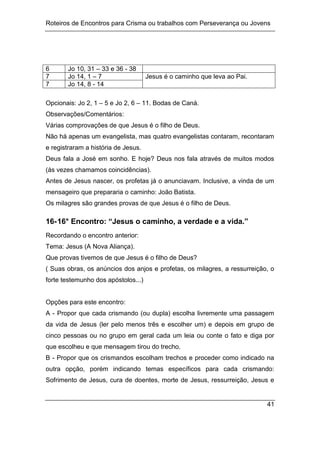 Roteiros de Encontros para Crisma ou trabalhos com Perseverança ou Jovens
41
6 Jo 10, 31 – 33 e 36 - 38
7 Jo 14, 1 – 7 Jesus é o caminho que leva ao Pai.
7 Jo 14, 8 - 14
Opcionais: Jo 2, 1 – 5 e Jo 2, 6 – 11. Bodas de Caná.
Observações/Comentários:
Várias comprovações de que Jesus é o filho de Deus.
Não há apenas um evangelista, mas quatro evangelistas contaram, recontaram
e registraram a história de Jesus.
Deus fala a José em sonho. E hoje? Deus nos fala através de muitos modos
(às vezes chamamos coincidências).
Antes de Jesus nascer, os profetas já o anunciavam. Inclusive, a vinda de um
mensageiro que prepararia o caminho: João Batista.
Os milagres são grandes provas de que Jesus é o filho de Deus.
16-16° Encontro: “Jesus o caminho, a verdade e a vida.”
Recordando o encontro anterior:
Tema: Jesus (A Nova Aliança).
Que provas tivemos de que Jesus é o filho de Deus?
( Suas obras, os anúncios dos anjos e profetas, os milagres, a ressurreição, o
forte testemunho dos apóstolos...)
Opções para este encontro:
A - Propor que cada crismando (ou dupla) escolha livremente uma passagem
da vida de Jesus (ler pelo menos três e escolher um) e depois em grupo de
cinco pessoas ou no grupo em geral cada um leia ou conte o fato e diga por
que escolheu e que mensagem tirou do trecho.
B - Propor que os crismandos escolham trechos e proceder como indicado na
outra opção, porém indicando temas específicos para cada crismando:
Sofrimento de Jesus, cura de doentes, morte de Jesus, ressurreição, Jesus e
 