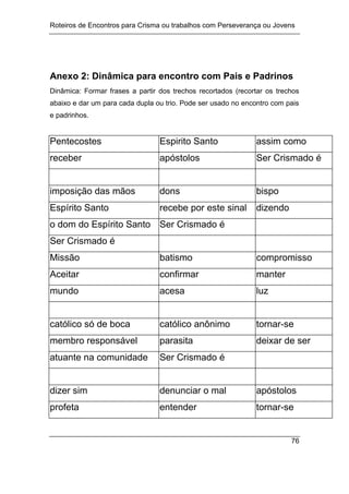 Roteiros de Encontros para Crisma ou trabalhos com Perseverança ou Jovens
76
Anexo 2: Dinâmica para encontro com Pais e Padrinos
Dinâmica: Formar frases a partir dos trechos recortados (recortar os trechos
abaixo e dar um para cada dupla ou trio. Pode ser usado no encontro com pais
e padrinhos.
Pentecostes Espirito Santo assim como
receber apóstolos Ser Crismado é
imposição das mãos dons bispo
Espírito Santo recebe por este sinal dizendo
o dom do Espírito Santo Ser Crismado é
Ser Crismado é
Missão batismo compromisso
Aceitar confirmar manter
mundo acesa luz
católico só de boca católico anônimo tornar-se
membro responsável parasita deixar de ser
atuante na comunidade Ser Crismado é
dizer sim denunciar o mal apóstolos
profeta entender tornar-se
 