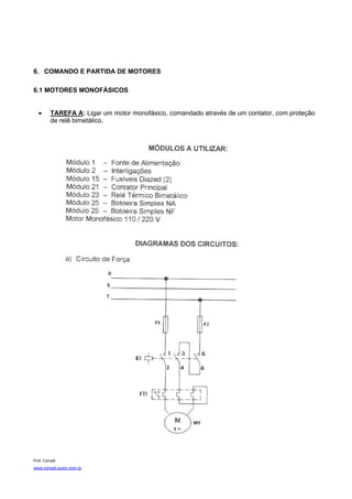 6. COMANDO E PARTIDA DE MOTORES

6.1 MOTORES MONOFÁSICOS


   •      TAREFA A: Ligar um motor monofásico, comandado através de um contator, com proteção
          de relê bimetálico.




Prof. Corradi
www.corradi.junior.nom.br
 