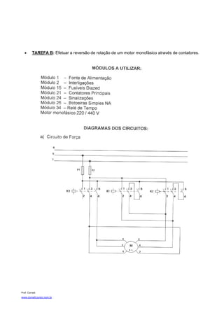 •      TAREFA B: Efetuar a reversão de rotação de um motor monofásico através de contatores.




Prof. Corradi
www.corradi.junior.nom.br
 