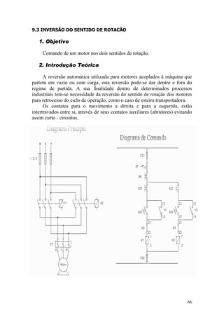 66
9.3 INVERSÃO DO SENTIDO DE ROTACÃO
1. Objetivo
Comando de um motor nos dois sentidos de rotação.
2. Introdução Teórica
A reversão automática utilizada para motores acoplados à máquina que
partem em vazio ou com carga, esta reversão pode-se dar dentro e fora do
regime de partida. A sua finalidade dentro de determinados processos
industriais tem-se necessidade da reversão do sentido de rotação dos motores
para retrocesso do ciclo de operação, como o caso de esteira transportadora.
Os contatos para o movimento a direita e para a esquerda, estão
intertravados entre si, através de seus contatos auxiliares (abridores) evitando
assim curto - circuitos.
 