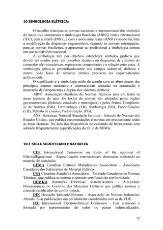 75
10 SIMBOLOGIA ELÉTRICA:
O trabalho relaciona as normas nacionais e internacionais dos símbolos
de maior uso, comparado a simbologia brasileira (ABNT) com a internacional
(IEC), com a alemã (DIN) , e com a norte-americana (ANSI) visando facilitar
a modificação de diagramas esquemáticos, segundo as normas estrangeiras,
para as normas brasileiras, e apresentar ao profissional a simbologia correta
em uso no território nacional.
A simbologia tem por objetivo estabelecer símbolos gráficos que
devem ser usados para, em desenhos técnicos ou diagramas de circuitos de
comandos eletromecânicos, representar componentes e a relação entre estes. A
simbologia aplica-se generalizadamente nos campos industrial, didático e
outros onde fatos de natureza elétrica precisem ser esquematizados
graficamente.
O significado e a simbologia estão de acordo com as abreviaturas das
principais normas nacionais e internacionais adotadas na construção e
instalação de componentes e órgãos dos sistemas elétricos.
ABNT Associação Brasileira de Normas Técnicas atua em todas as
áreas técnicas do país. Os textos de normas são adotados pelos órgãos
governamentais (federais, estaduais e municipais) e pelas firmas. Compõem-
se de Normas (NB), Terminologia (TB), Simbologia (SB), Especificações
(EB), Método de ensaio e Padronização. (PB).
ANSI American National Standards Institute - Instituto de Normas dos
Estados Unidos, que publica recomendações e normas em praticamente todas
as áreas técnicas. Na área dos dispositivos de comando de baixa tensão tem
adotado freqüentemente especificações da UL e da NEMA.
10.1 SIGLA SIGNIFICADO E NATUREZA
CEE International Comission on Rules of the approval of
EletricalEquipment - Especificações internacionais, destinadas sobretudo ao
material de instalação.
CEMA Canadian Eletrical Manufctures Association - Associação
Canadense dos Fabricantes de Material Elétrico.
CSA Canadian Standards Association - Entidade Canadense de Normas
Técnicas, que publica as normas e concede certificado de conformidade.
DEMKO Danmarks Elektriske Materielkontrol - Autoridade
Dinamarquesa de Controle dos Materiais Elétricos que publica normas e
concede certificados de conformidade.
DIN Deutsche Industrie Normen - Associação de Normas Industriais
Alemãs. Suas publicações são devidamente coordenadas com as da VDE.
IEC International Electrotechinical Comission - Esta comissão é
formada por representantes de todos os países industrializados.
 