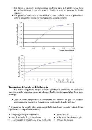 Em pressões inferiores a atmosférica a tendência geral é de contração da faixa
      de inflamabilidade, com elevação do limite inferior e redução do limite
      superior.
      Em pressões superiores à atmosférica o limite inferior tende a permanecer
      estável enquanto o limite superior apresenta um crescimento




Temperatura de Ignição ou de Inflamação
      É a menor temperatura na qual o calor é gerado pela combustão em velocidade
superior ao calor dissipado para a vizinhança, dando à mistura condições de se auto-
propagar.

      Abaixo desta temperatura a combustão da mistura ar gás só ocorrerá
      continuamente mediante o fornecimento ininterrupto de calor externo.

A temperatura de ignição não é uma propriedade fixa de um gás pois varia de forma
significativa com parâmetros como;

• composição do gás combustível                    • excesso de ar
• taxa de diluição do gás na mistura               • velocidade da mistura ar gás
• concentração de oxigênio no ar de combustão      • pressão da mistura
 