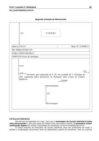 Prof.ª Luzinete C. Niedzieluk 38
luz_carpin@yahoo.com.br
Segundo exemplo de Memorando
T I M B R E
DATA:11/01/15 Mem. Nº 23/FMP/15
DE: DIREÇÃO DO CCE
PARA: CHEFE DO DLLV
ASSUNTO: Envio de Antologia
Enviamos, para apreciação de V. Sª, um exemplar da 1ª Antologia do
CES, organizada pelos professores de Português deste Centro de Estudos
Supletivos.
Atenciosamente,
Sílvio Gaspari
6.8 Correio Eletrônico
Nos termos da legislação em vigor, para que a mensagem de correio eletrônico tenha
valor documental e, para que possa ser aceita como documento original, é necessário existir
certificação digital que ateste a identidade do remetente, na forma estabelecida em lei.
O campo assunto do formulário de correio eletrônico deve ser preenchido de modo a
facilitar a organização documental tanto do destinatário quanto do remetente. Para os arquivos
5,5
cm
4 cm
1,5
cm
1,5
cm
2 linhas
3,0
cm
 