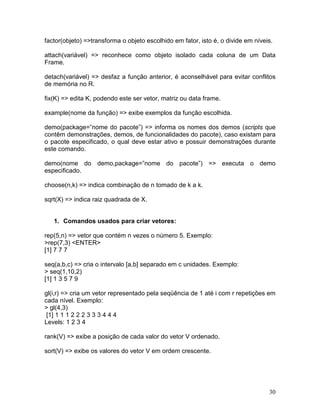 factor(objeto) =>transforma o objeto escolhido em fator, isto é, o divide em níveis.

attach(variável) => reconhece como objeto isolado cada coluna de um Data
Frame.

detach(variável) => desfaz a função anterior, é aconselhável para evitar conflitos
de memória no R.

fix(K) => edita K, podendo este ser vetor, matriz ou data frame.

example(nome da função) => exibe exemplos da função escolhida.

demo(package=”nome do pacote”) => informa os nomes dos demos (scripts que
contêm demonstrações, demos, de funcionalidades do pacote), caso existam para
o pacote especificado, o qual deve estar ativo e possuir demonstrações durante
este comando.

demo(nome do demo,package=”nome do pacote”) => executa o demo
especificado.

choose(n,k) => indica combinação de n tomado de k a k.

sqrt(X) => indica raiz quadrada de X.


   1. Comandos usados para criar vetores:

rep(5,n) => vetor que contém n vezes o número 5. Exemplo:
>rep(7,3) <ENTER>
[1] 7 7 7

seq(a,b,c) => cria o intervalo [a,b] separado em c unidades. Exemplo:
> seq(1,10,2)
[1] 1 3 5 7 9

gl(i,r) => cria um vetor representado pela seqüência de 1 até i com r repetições em
cada nível. Exemplo:
> gl(4,3)
 [1] 1 1 1 2 2 2 3 3 3 4 4 4
Levels: 1 2 3 4

rank(V) => exibe a posição de cada valor do vetor V ordenado.

sort(V) => exibe os valores do vetor V em ordem crescente.




                                                                                  30
 